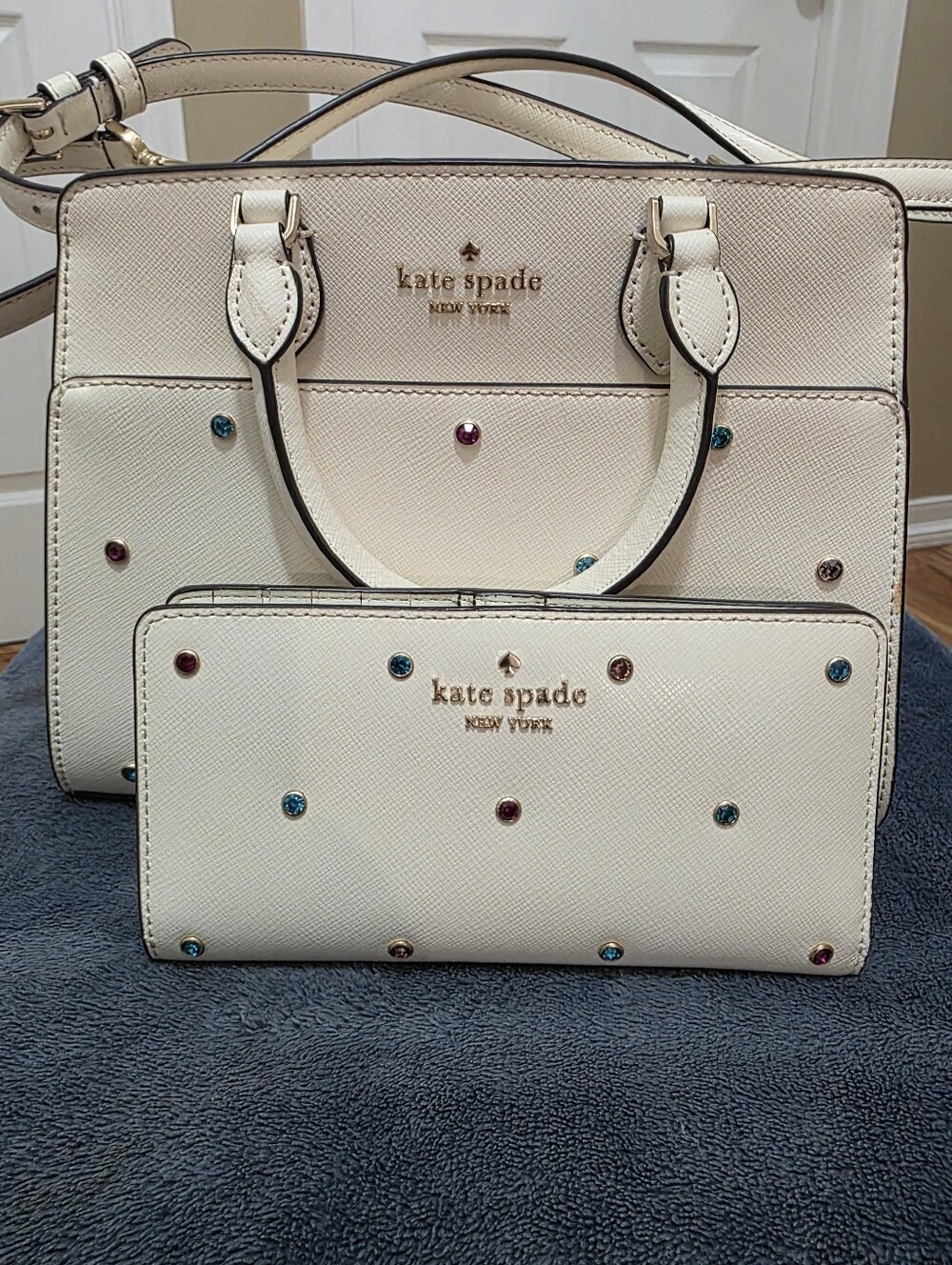 Kate Spade  Ivory Studded Tote and Wallet Set with Multicolor Gems Gold Hardware